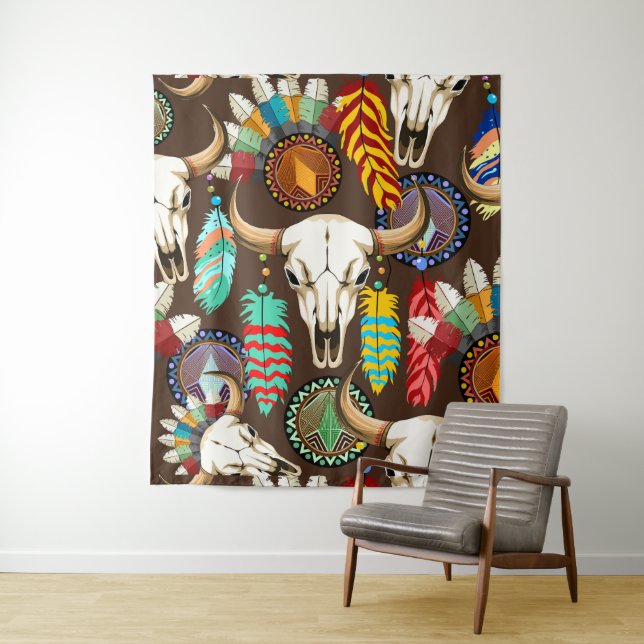 Buffalo Skull Native American Emblem Tapestry (In Situ)