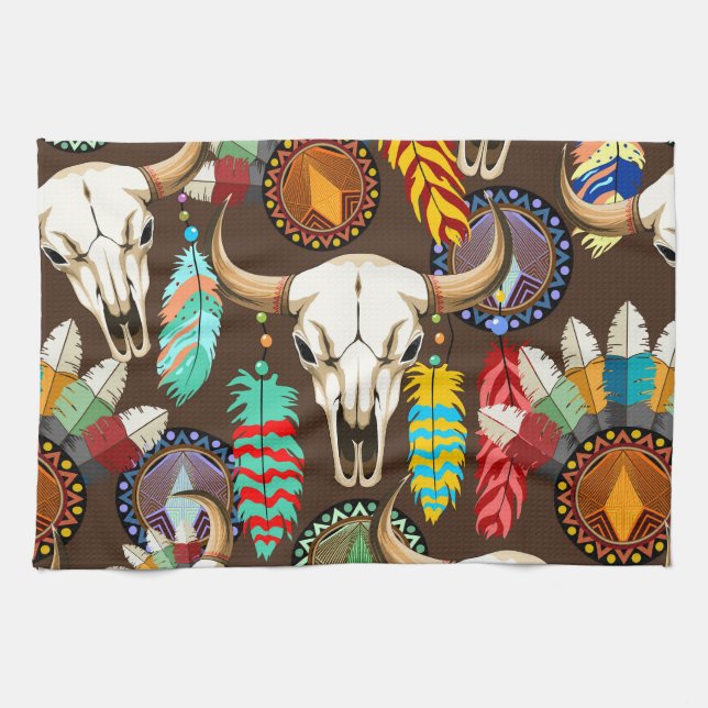 Buffalo Skull Native American Emblem Tea Towel (Horizontal)