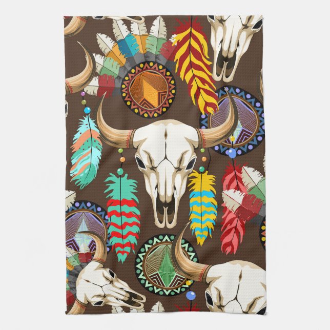 Buffalo Skull Native American Emblem Tea Towel (Vertical)