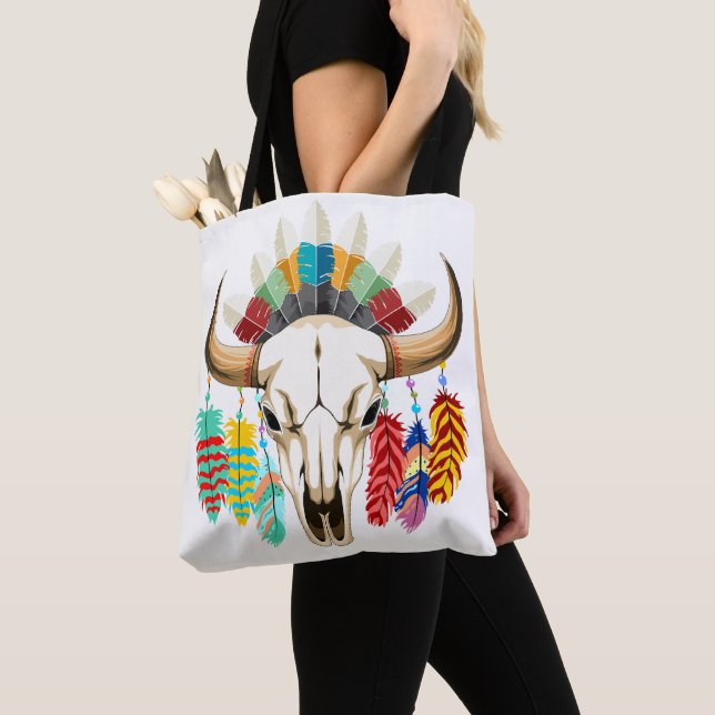 Buffalo Skull Native American Emblem Tote Bag (Close Up)