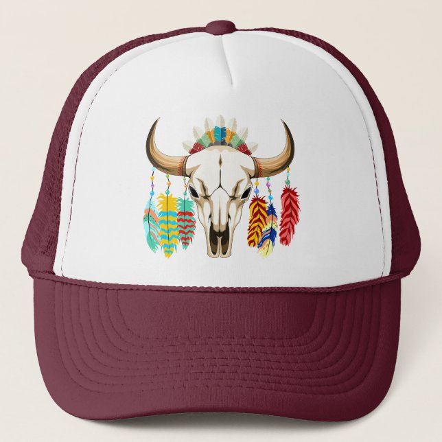Buffalo Skull Native American Emblem Trucker Hat (Front)