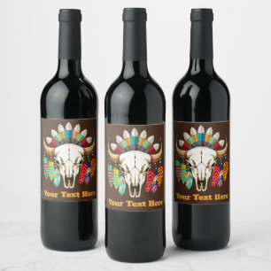 Buffalo Skull Native American Emblem Wine Label