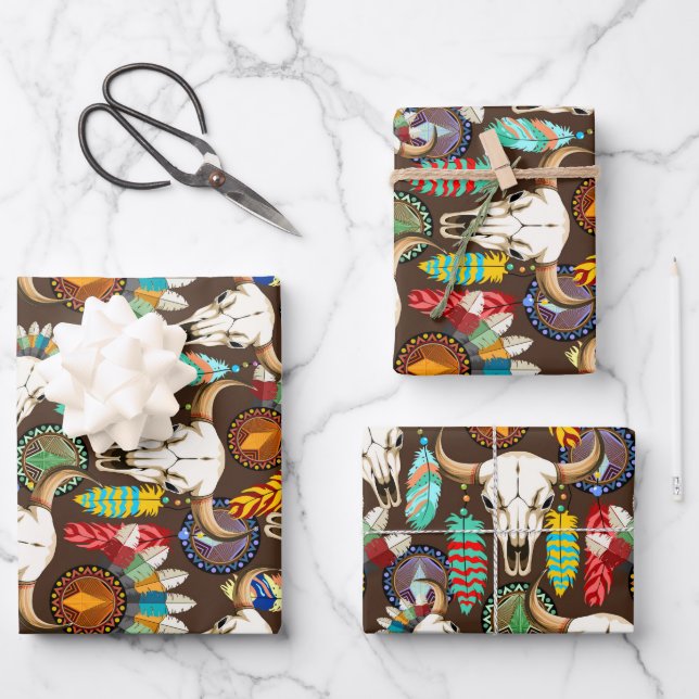 Buffalo Skull Native American Emblem Wrapping Paper Sheet (Front)