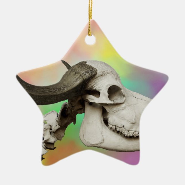 Buffalo Skull on a Watercolor Background Ceramic Ornament (Front)