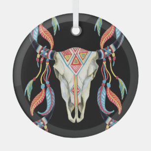 Buffalo Skull: Watercolor Black Background. Glass Tree Decoration
