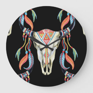 Buffalo Skull: Watercolor Black Background. Large Clock
