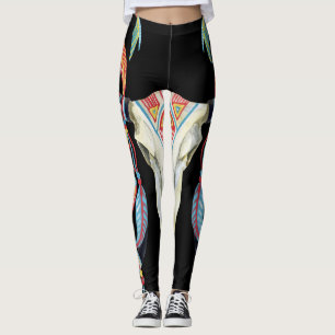 Buffalo Skull: Watercolor Black Background. Leggings