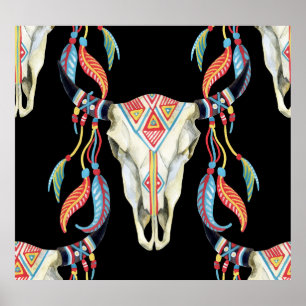 Buffalo Skull: Watercolor Black Background. Poster