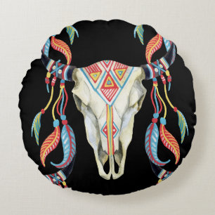 Buffalo Skull: Watercolor Black Background. Round Cushion