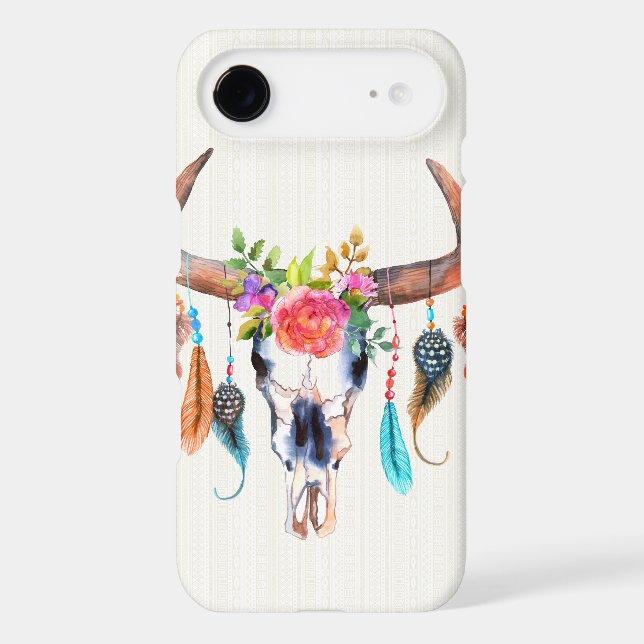 Buffalo Skull With Feather And Flowers Case-Mate iPhone Case (Back)