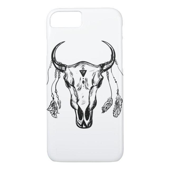 Buffalo Skull With Feathers. Hand Drawn Sketch. Case-Mate iPhone Case (Back)