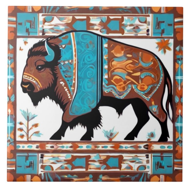 Buffalo Southwestern Southwest Brown Turquoise Ceramic Tile (Front)