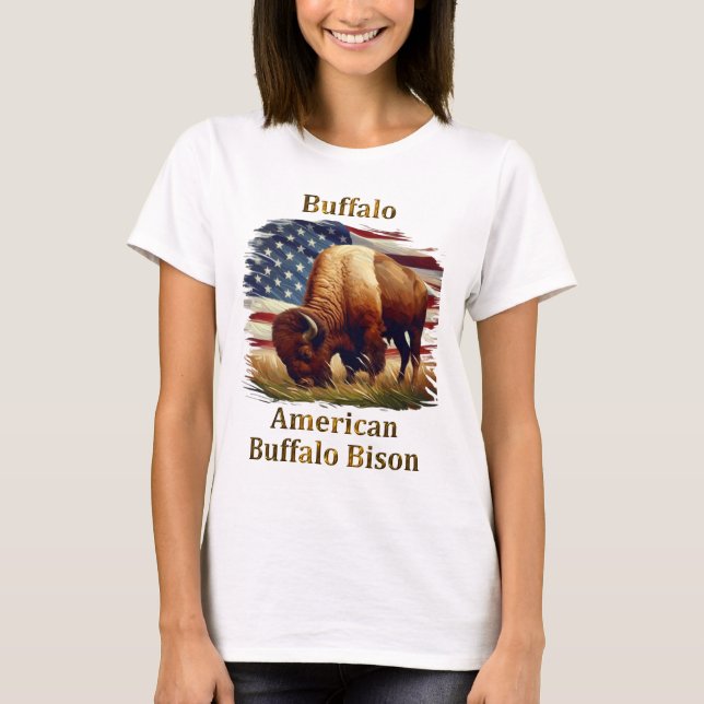 Buffalo Standing in Front of American Flag T-Shirt (Front)