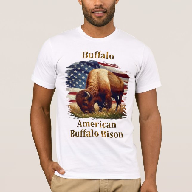 Buffalo Standing in Front of American Flag T-Shirt (Front)