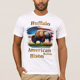 Buffalo Standing in Grass Field With American Flag T-Shirt