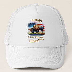 Buffalo Standing in Grass Field With American Flag Trucker Hat