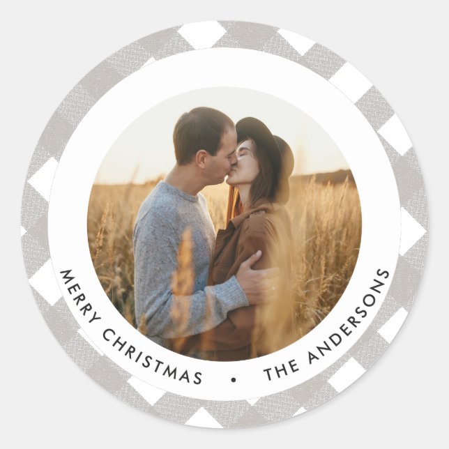 Buffalo tartan modern natural photo Christmas Classic Round Sticker (Front)