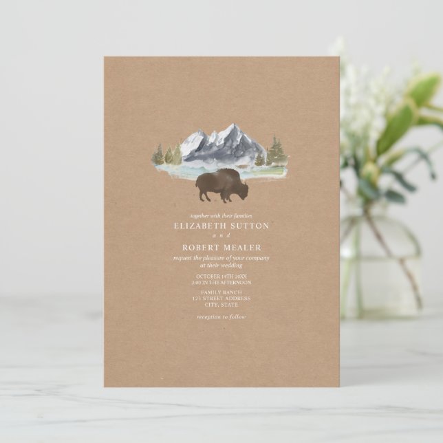 Buffalo Watercolor Mountain Cardstock Wedding Invitation (Standing Front)