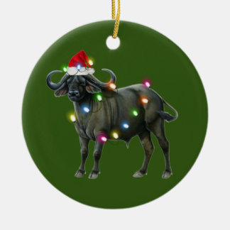 Buffalo With Hat Lights Christmas Ceramic Ornament