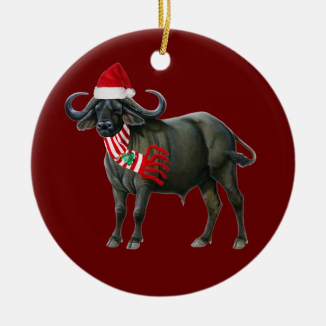 Buffalo  With Hat Scaft Christmas Ceramic Ornament (Front)
