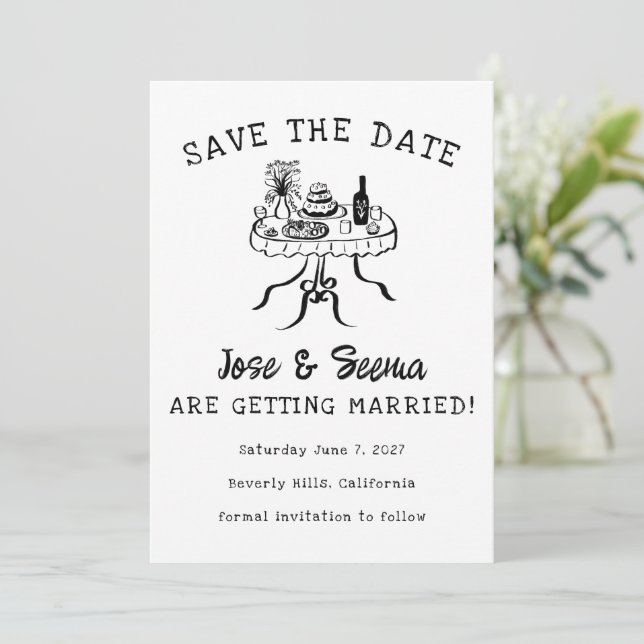 Buffet Dinner Table Hand Drawn Cute Sweet Custom  Save The Date (Standing Front)