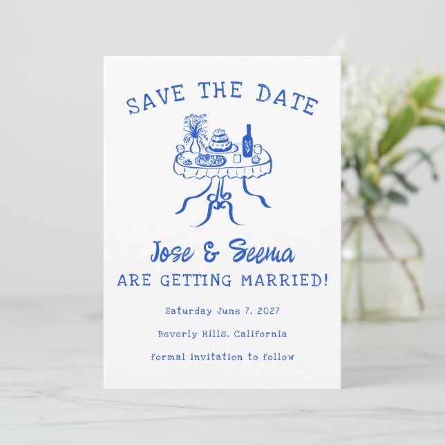Buffet Dinner Table Hand Drawn Cute Sweet Custom  Save The Date (Standing Front)