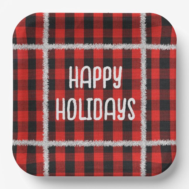 Bufflo Plaid with Holiday Silver Tinsel Paper Plate (Front)