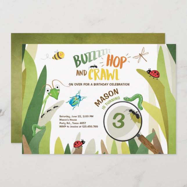Bug Birthday Invitation Insect Bugs Boy bugging (Front/Back)