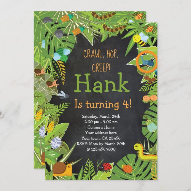 Bug Insect Invitation, Chalkboard Invitation (Front/Back)