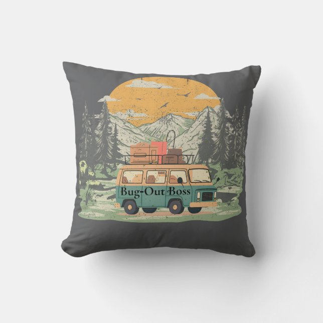 Bug-Out Boss Camper Van Adventure in the Mountains Cushion (Front)