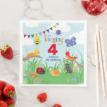 Bug Party Birthday Cute Colourful Paper Napkin<br><div class="desc">These bug birthday paper napkins are fun and colourful, with a bug party including a cute bee, purple spider, caterpillar, ant, ladybug, butterfly and snail - all celebrating your kiddo's birthday. Rainbow bunting flag, flowers and puffy white clouds add to the party atmosphere. Girls and boys alike will love these...</div>
