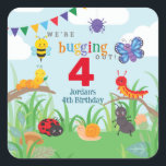 Bug Party Birthday Cute Colourful  Square Sticker<br><div class="desc">These bug birthday paper stickers are fun and colourful, with a bug party including a cute bee, purple spider, caterpillar, ant, ladybug, butterfly and snail - all celebrating your kiddo's birthday. Rainbow bunting flag, flowers and puffy white clouds add to the party atmosphere. Girls and boys alike will love these...</div>