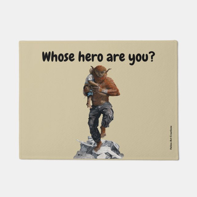 Bugbear Hero Rescuing Child Fantasy Art Door Mat (Front)