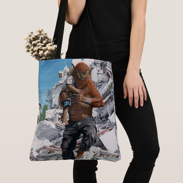 Bugbear Hero Rescuing Child Fantasy Graphic Tote Bag (Close Up)