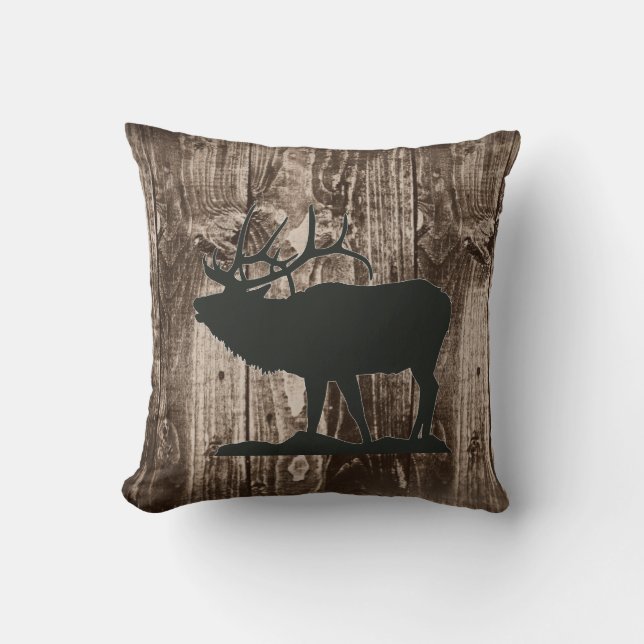Bugling Elk (Black) on Rustic Wood Cabin Cushion (Front)
