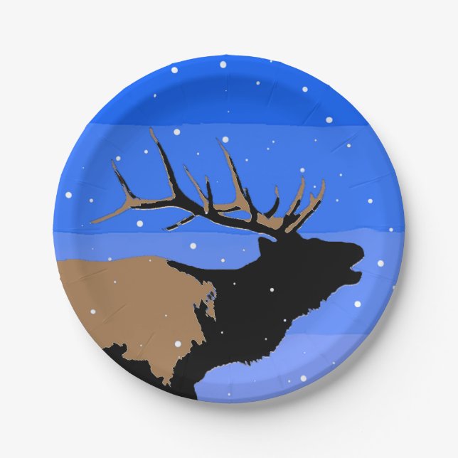 Bugling Elk in Winter  - Original Wildlife Art Paper Plate (Front)
