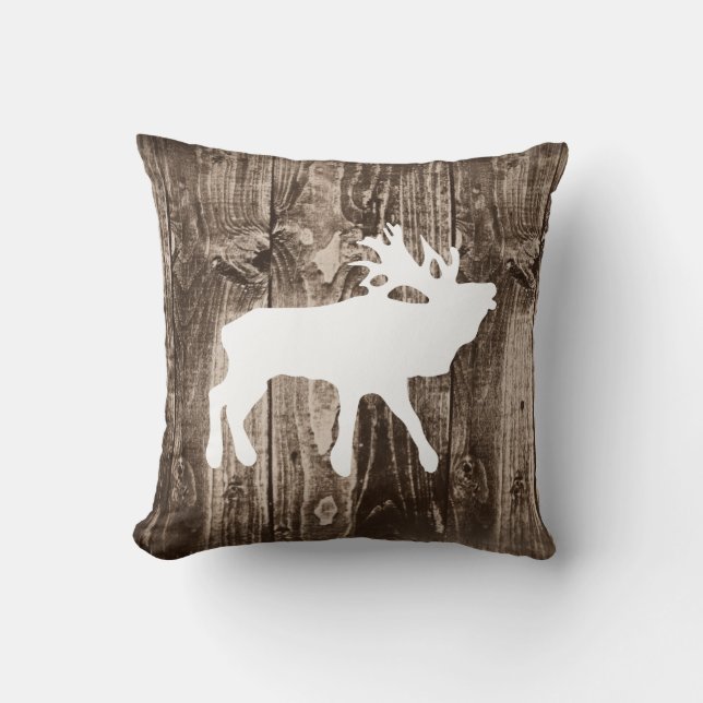 Bugling Elk on Rustic Wood Cabin Throw Pillow (Front)