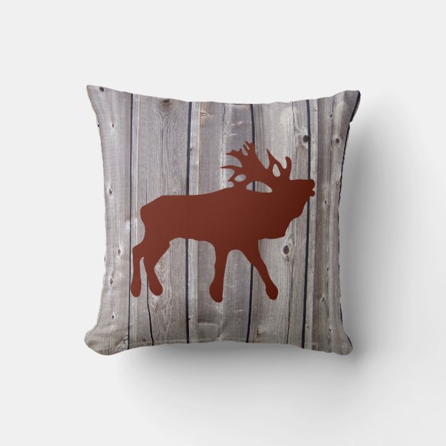 Bugling Elk on Rustic Wood Cabin Throw Pillow (Front)