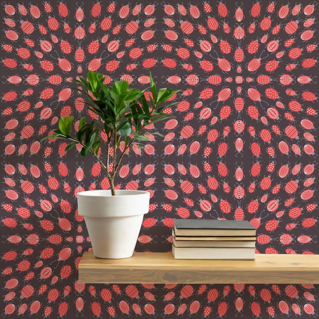 Bugs and Beetles Pattern Red Charcoal Grey Wallpaper (Fun bugs and beetles insect pattern art peel and stick wallpaper, great for Halloween)