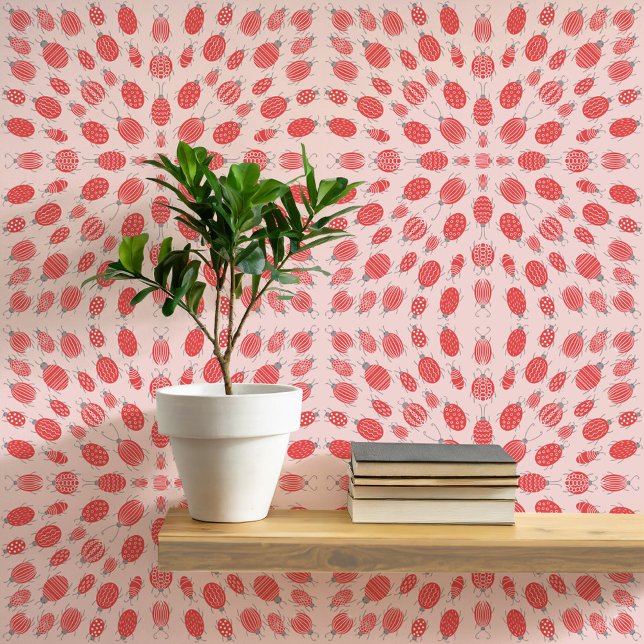 Bugs and Beetles Pattern Red on Pink Wallpaper (Fun bugs and beetles insect pattern art peel and stick wallpaper)