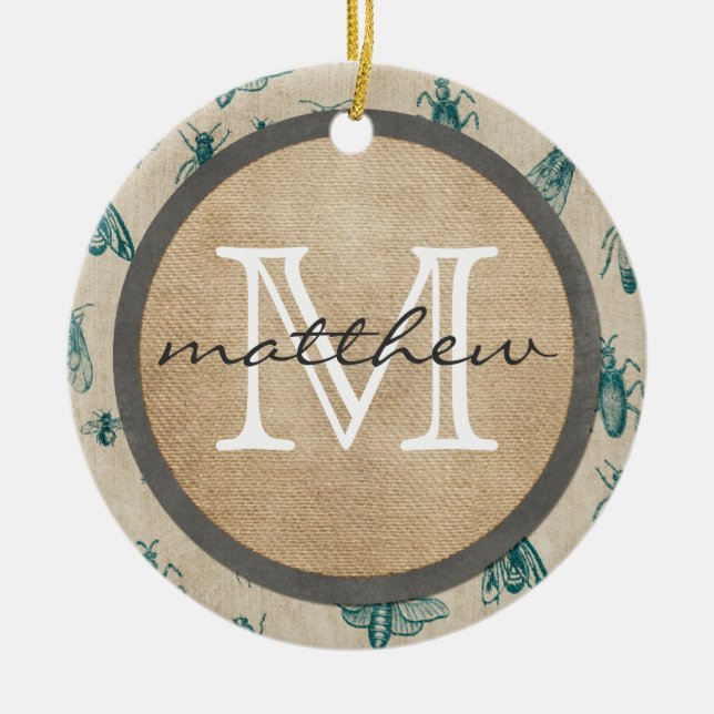 Bugs and Insects Background Monogram Ceramic Ornament (Front)