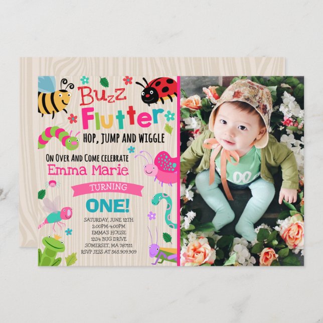 Bugs Birthday Invitation Girl Pink Bugs Party (Front/Back)