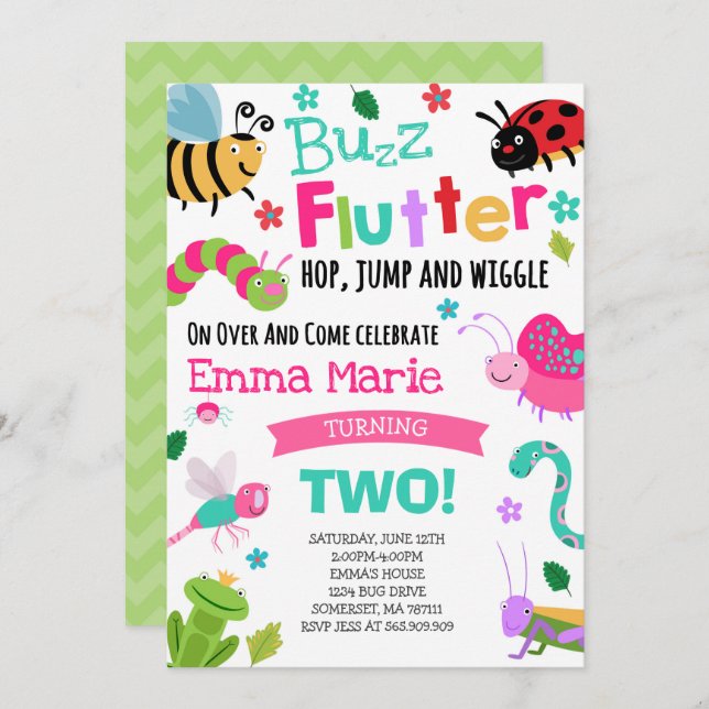 Bugs Birthday Invitation Girl Pink Bugs Party (Front/Back)