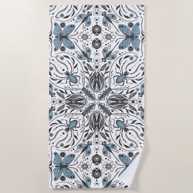 Bugs, black and blue beach towel (Front)