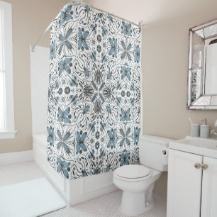 Bugs, black and blue shower curtain