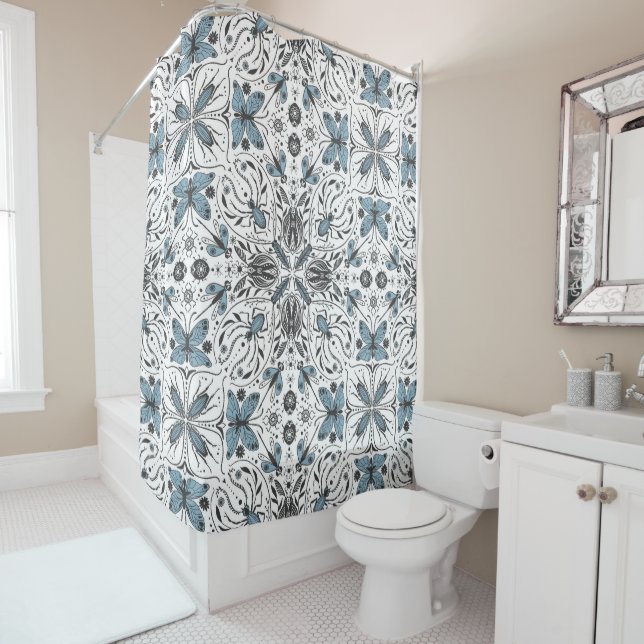 Bugs, black and blue shower curtain (In Situ)