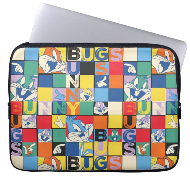BUGS BUNNY™ Colourful Name and Face Chequered Laptop Sleeve (Front)