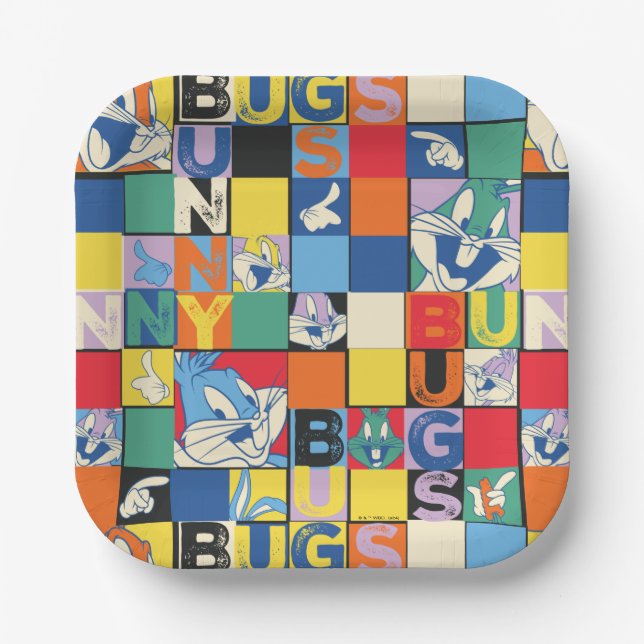 BUGS BUNNY™ Colourful Name and Face Chequered Paper Plate (Front)