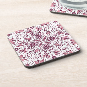 Bugs, dark magenta and pink on white coaster