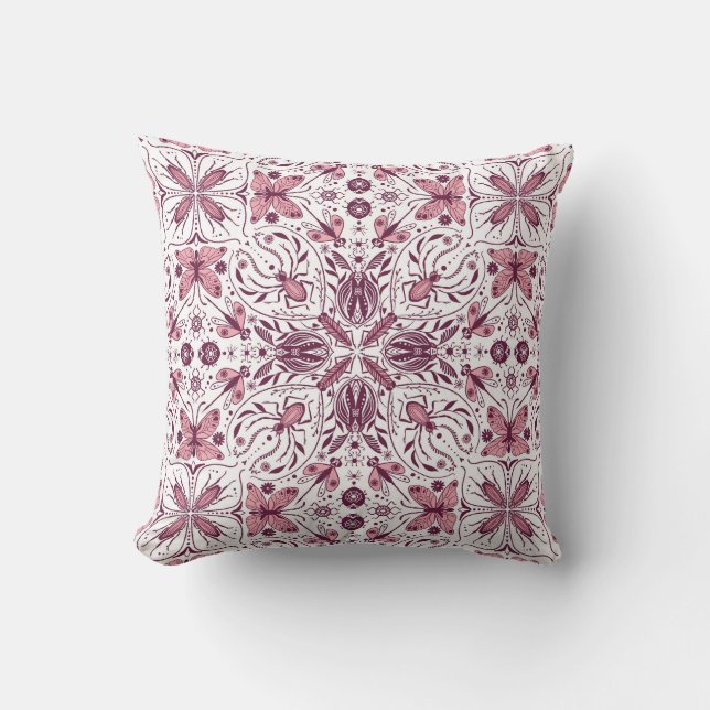 Bugs, dark magenta and pink on white cushion (Front)